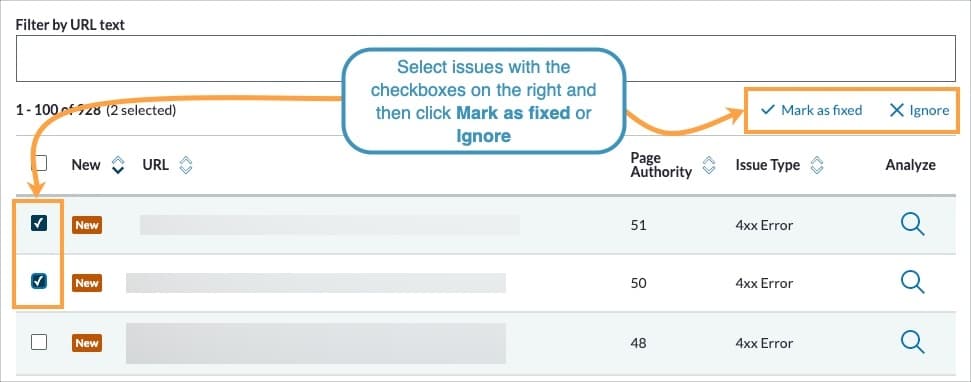 Screenshot of marking issues as fixed or ignored in Moz Pro Campaigns.