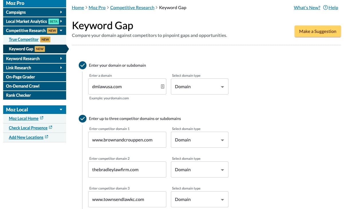 moz keyword gap tool