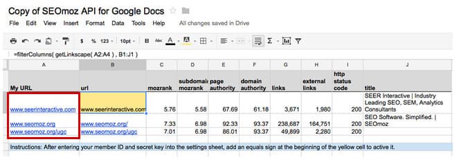 Mozscape Extension for Google Docs