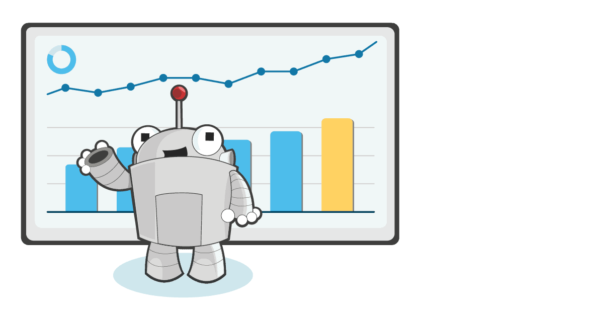 An image of Roger MozBot standing in front of a positively trending bar graph.