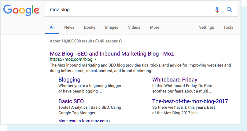 A screenshot of the query 'moz blog' and resulting SERP.