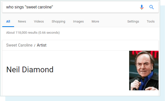 A screenshot of the SERP feature result for the query 'who sings Sweet Caroline' (the answer is Neil Diamond.)