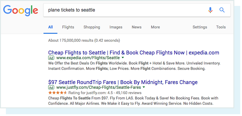 A screenshot of the query 'plane tickets to seattle' and resulting SERP.
