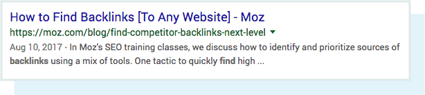 A screenshot of the meta description for the query 'find backlinks' in the SERPs.