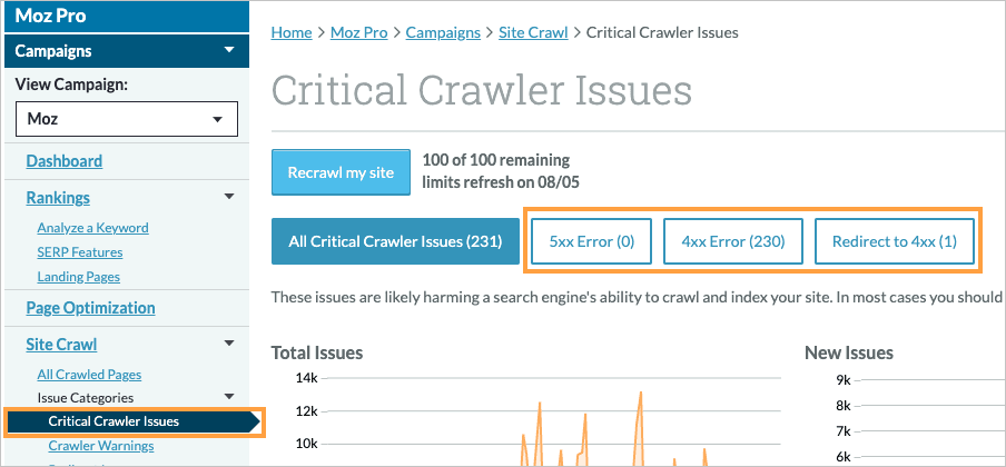 Critical Crawler Issues menu location in left hand navigation. Click the Issue Types on the top of the page to narrow your results.