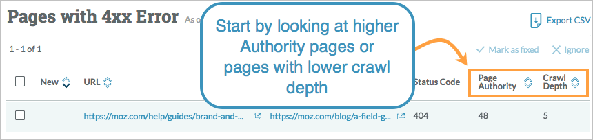Site Crawl view of pages with 4xx errors. Click the headers to sort the table and see pages with higher authority and lower crawl depth.