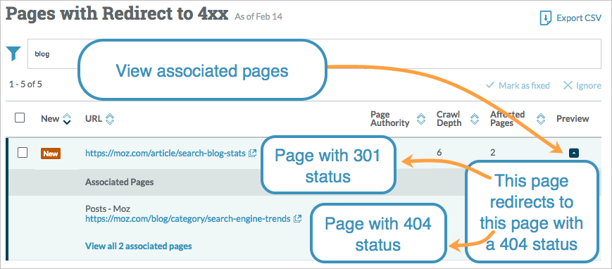 View of Pages with Redirect to 4xx with preview arrow clicked and drawer expanded to show what page redirects to a 4xx page.