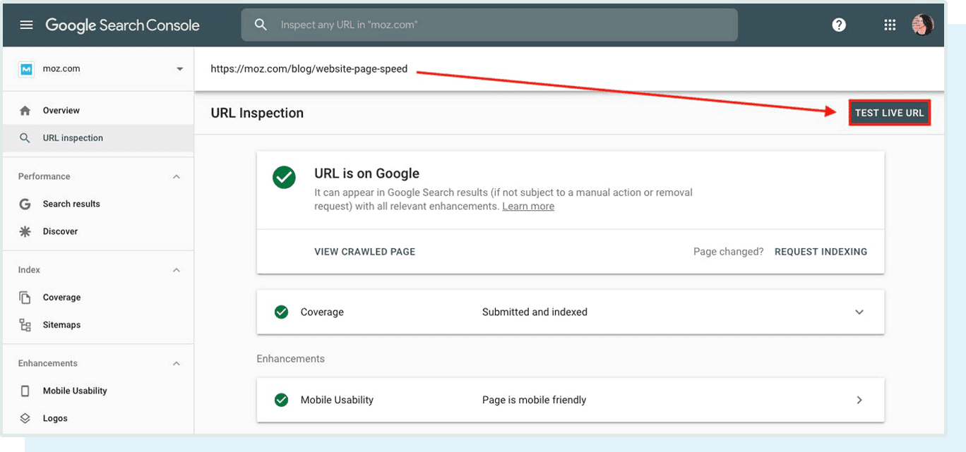 Where to test the live URL version in Google Search Console.